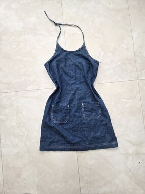 Dark Blue Denim Halter Mini Dress with Front Patch Pockets